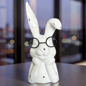 White Thinking Bunny Decorative Figurine with Glasses - Easter - 7" Tall